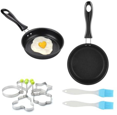 HexinYigjly Confezione da 2 padelle antiaderenti 12 cm, per omelette e uova fritte, funziona su fornelli e induction, include spazzole e stampi per uova