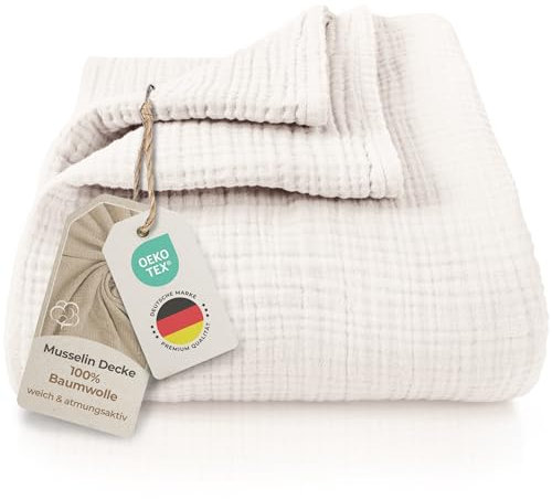 LAYNENBURG Premium Musselin Tagesdecke 180x220 cm - 100% Baumwolle - extraweiche Baumwolldecke als Kuscheldecke, Bett-Überwurf, Sofa-Überwurf, Couch-Überwurf - warme Sofa-Decke (Creme)