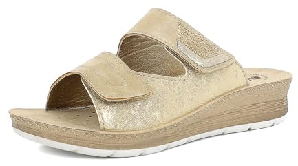 Ciabatte Donna a Doppia Fascia con Chiusura a Strappo Regolabile e Strass, Plantare in Vera Pelle