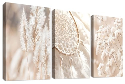 3Pcs Beige Erba di Pampa Stampa su tela Con Cornice Acchiappasogni Botanico Respiro di Bambino Pittura Quadri su tela Quadri Moderni Bagno Camera da Letto Soggiorno Stampe da Parete 30x40cm x3pcs