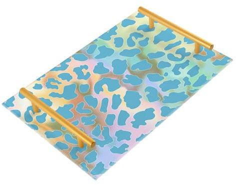 Bandeja de bar decorativa con estampado de guepardo dorado azul misterioso con asas para sala de estar, joyas, perfumes, para servir charolas para servir modernas