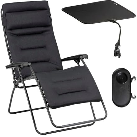 Lafuma Ensemble Fauteuil Relax Transat Jardin - Chaise Longue Matelassé XL avec Ombrelle Et Porte-gobelet - Rsx Clip XL - Aircomfort® - Noir Acier Mobilier