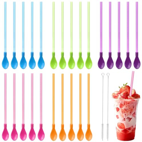 25 pajitas de plástico coloridas, pajitas con 2 cepillos de paja, cucharas de pajita reutilizables, pajitas de polipropileno, cucharas de plástico para cócteles, batidos, batidos de leche