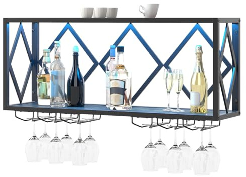 COSTWAY Porte-Bouteilles Mural Industriel Lumière LED, Étagère de Rangement pour 39 Bouteilles, 6 Rangées de Porte-Verres, Gain de Place pour Cuisine, Bar, Salle à Manger