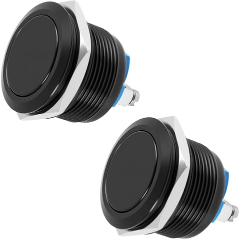 2 pulsadores instantáneos de acero inoxidable de 22 mm, impermeables para 12 V/24 V, interruptor de cabeza plana para coches, barcos, máquinas, timbres, color negro