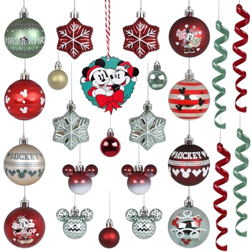 Disney Mickey Mouse Set de Adornos navideños, IRRROMPIBLES para el árbol de Navidad, Adornos de plástico, Set 25 Piezas (C)