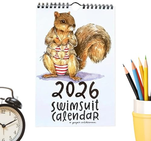 Byuexhp Calendrier mural 2026 - Avec maillot de bain animaux - Aquarelle - Pour planification quotidienne, vacances, rendez-vous, anniversaires, cabine de bureau, cuisine, salon, dortoir étudiant