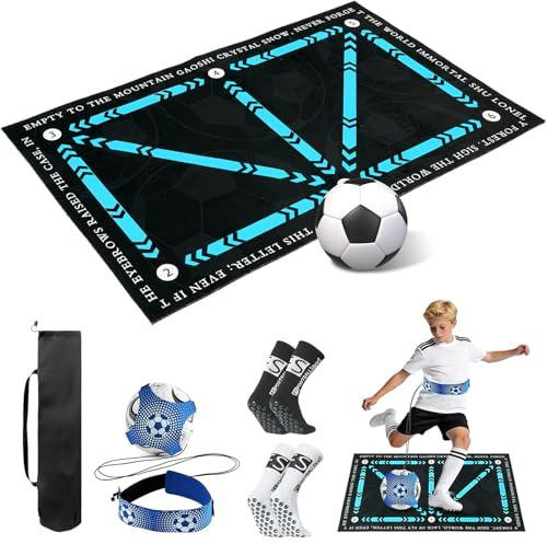 Flintronic Tapis Football Entrainement, 90x60cm Tapis Entrainements Football Accessoire Antidérapant, avec Chaussettes de Football, Ruban de Juggling Allongés,Cadeau pour Amateur de Football et Enfant