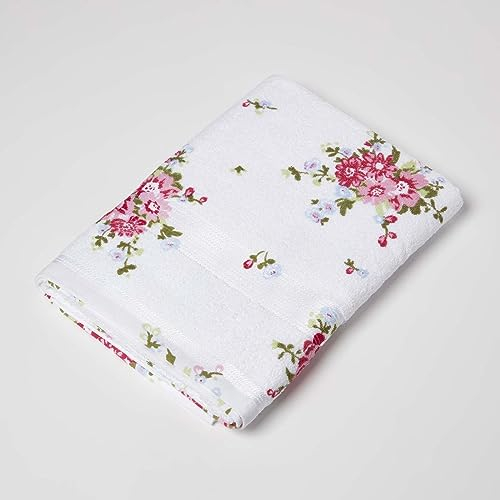 HOMESCAPES 100% Baumwolle Frottee Handtuch Duschtuch weiß mit Vintage Blumen Print und gestickter Bordüre