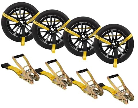 Mytee Products (4 Pack) 2 x 120 Car Trailer Tie Down Straps with Flat Hook - 3333 LB WLL Lasso Style Tire Straps for Vehicle Hauling