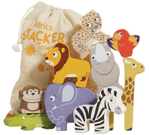 Le Toy Van - Wooden Petilou Africa Stacker & Bag Educational Balancing Activity Toy for 18m+, 9 pieces
