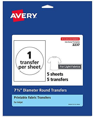 Avery Light Transfer Paper for T-Shirts, 7.5 Diameter Pre Die-Cut Iron-On Circle Transfers, Print-to-The-Edge, 6 Sheets of Heat Transfer Paper, 6 Total (02237)