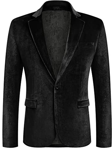 COOFANDY Herren-Blazer aus Samt, Gekerbtes Revers, Velours, Anzugjacke, EIN-Knopf-Smokingjacken für Hochzeit, Abschlussball, Party, Abendessen, Schwarz, S