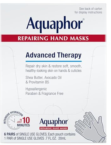 Aquaphor Repairing Hand Masks, Moisturizing Gloves for Dry Hands, Moisturizer for Dry Skin with Avocado Oil and Shea Butter, Pack of 6