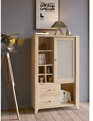 Lomadox Highboard Hochschrank Regalschrank Wohnzimmer Esszimmer in Eiche Nb. mit Wiener Geflecht Nb., B/H/T: ca. 89/150/42 cm