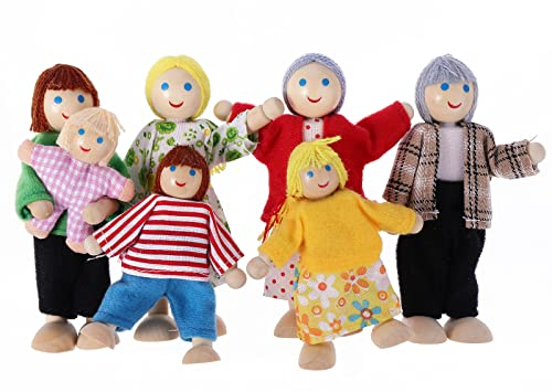 TIESOME Casa delle Bambole in Legno, 7 Pezzi, Mini Bambole di Famiglia, Statuette di Ruolo in Miniatura, Accessori per la Casa delle Bambole