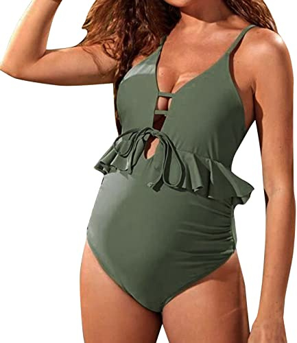 Traje de baño de Maternidad para Mujer, Traje de baño de una Pieza con Cuello Halter para, Traje de baño sólido Rojo, Traje de baño de Pecho Ajustable Necesito Respirar (08-Green, L)