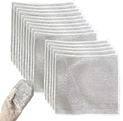 Multipurpose Non-Scratch Scrubbing Wire Dishwashing Rags, Multipurpose Wire Dishwashing Rags for Wet and Dry, Resuable Kitchen Microfibre Cleaning Cloth (15pcs), Silver