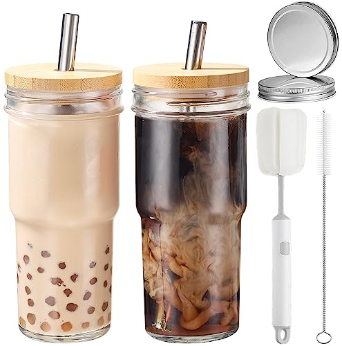 CJWLKJ 2-Pack 24oz Glass Cups Tumbler with Lids and Straws & 2 Airtight Lids, Reusable Boba Bubble Tea Cups, Mason Jar Drinking Glasses Iced Coffee Cup for Long Drinks, Water, Cocktail, Whiskey, Gift