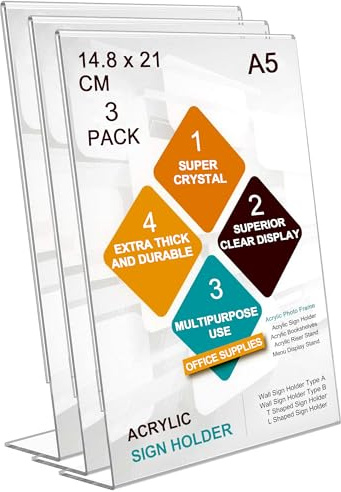 A5 Menu Holders, 3 Pack Acrylic Sign Holder L-Shaped Poster Display Stand | ROSSHINE Slant Back Clear Poster Holder for Office School Home Restaurant