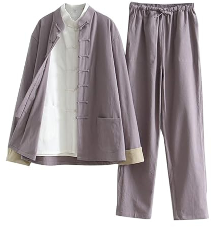 PTATT Tang Anzug Männer Hanfu 3 Stück Set Chinesische traditionelle Kung Kung Fu Uniform Langarm -Hemd und Hosen grey-3XL