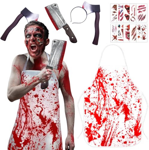 IWTBNOA Metzger Kostüm Halloween, Halloween Schlachter Horror Set, Horror-Accessoires mit Blutige Schürze, Blutige Haarschmuck, Messer, Zombie Scars Tattoo, Schlächter Kostüm für Damen Herren