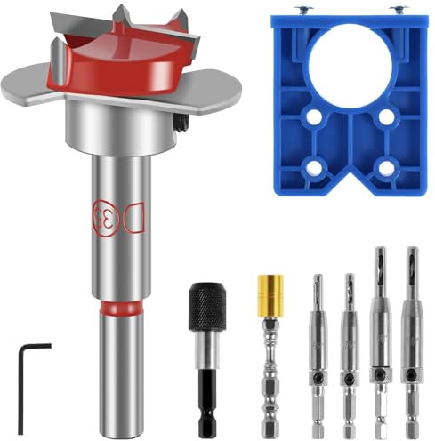 Plantilla Bisagras Cazoleta 35 mm, Brocas Forstner para Madera, Guia Taladro, Broca Forstner, con Plantilla Bisagras Cazoleta y Posicionador - Kit Profesional para Bisagras Ocultas y Placas de Montaje