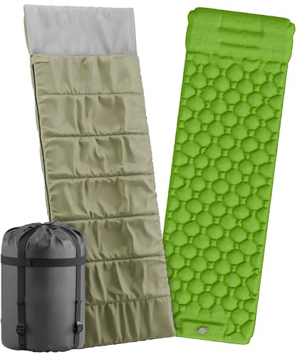 ZARGOH 2-in-1 Schlafsack Set mit selbstaufblasender Isomatte & Fußpumpe – flexibel kombinierbar, Camping Outdoor, leicht & kompakt