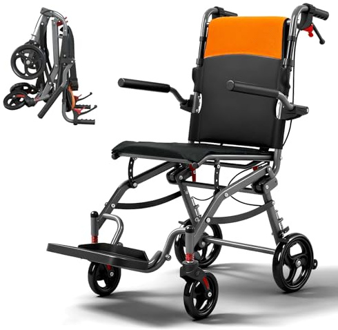 SOFTFISH 19lbs Transport Wheelchair Lightweight Foldable Adjustable Height, Narrow Small Wheelchair for Tight Spaces, Travel Transport Chair for Adults Seniors with Foldable Footrest and Armrests