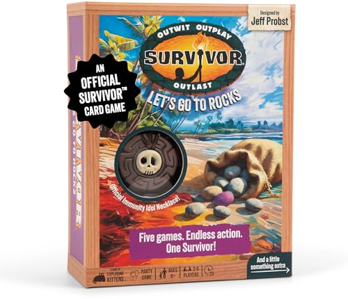 Exploding Kittens Survivor: Let’s Go to Rocks Game for Ages 8+, 2 to 6 Players, Strategy and Challenge Party Game with Rocks, Cards, and Immunity Necklace.