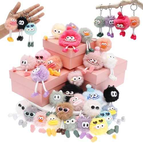 GWCYMYD 28 PCS Plush Doll Keychains, Cute Fluffy Bag Charms for Girls, Soft Faux Fur Keyring Pendants, Bulk Mini Toys for Kids Party Favours & Classroom Prizes (Random Colours)