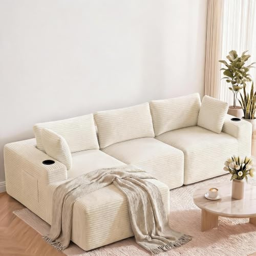 HAUSPROFI Sofá esquinero con función de Dormir (Beige Largo) | Sofá modular con función de dormir,Tela de pana, 5 almohadas y portavasos,Dormitorio