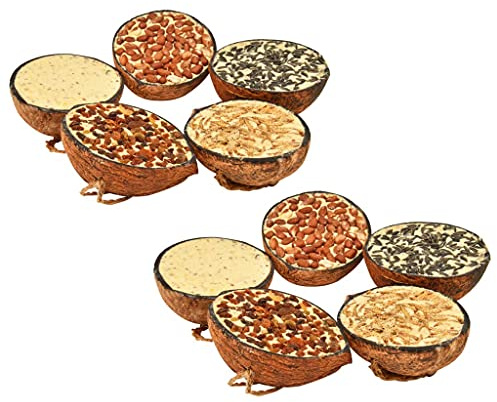 Runheo fågelmat fyllda kokosnöthalvor 10 stycken 290 g, blandning med solrosfrön, jordnöt, mjölmask för vilda fåglar, året runt mellanmål i trädgården och balkongen