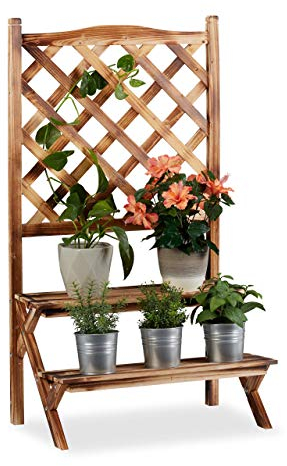 Relaxdays Blumentreppe mit Rankgitter, Blumenregal 2 Ebenen, stehende Pflanzentreppe Holz, HBT: 109x61x40 cm, gebrannt