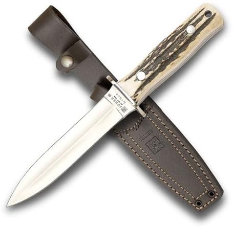 Joker Full Tang CC43 Lince Bergmesser, MOVAKlinge 6,2,5 cm, Hirsch antler Griff, Braunes Leder scheide, Fischen, Camping- und Wanderwerkzeug