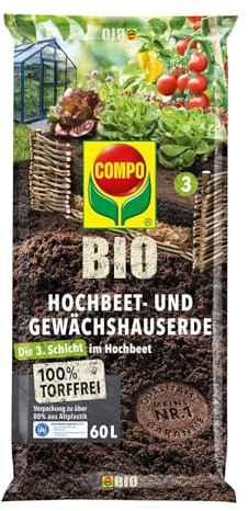 COMPO BIO Hochbeet- und Gewächshauserde torffrei, ideal für komfortables Gärtnern - besonders hoher Humusanteil für eine 5-wöchige Nährstoffversorgung 60L