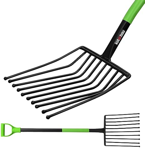 KOTARBAU® Horca de 10 púas 120 cm, Horca con púas terminadas en Bolas para no dañar los tubérculos, Horca para Patata, Remolacha y maíz, Horca de Acero Templado con Botones, Horca con Mango de Metal