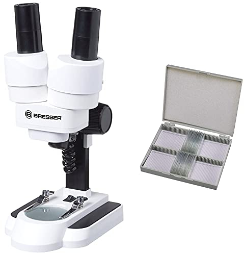 Bresser Junior Stereo 3D Mikroskop ICD-Pro mit 20x und 50x Vergrößerung für Kinder und Erwachsene & Dauerpräparate für Mikroskop (25 Stück), vorgefertigte und konservierte Präparate