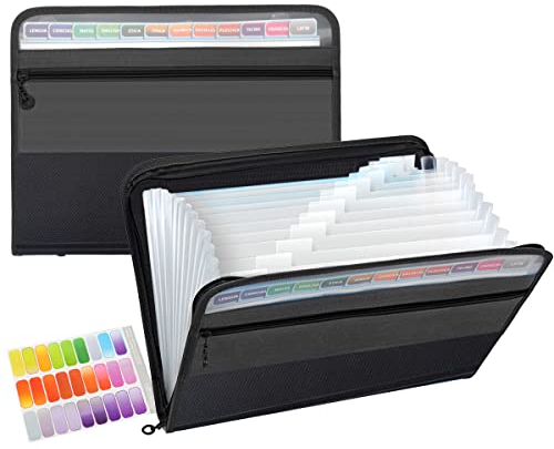 Dokumentenmappe 13 Fächern,TRANBO Fächermappe Datei Organizer mit Reißverschluss, Erweiterbar Ordnungsmappe Mappe/A4 Ordner Organizer/Document organizer/Ordner für Büros und Schulen (Schwarz)