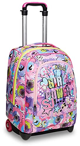 Rucksack mit Trolleyfunktion, 2 in 1, Schulranzen mit Rollen, ab 1. Klasse, für Schule, Gymnasium, Reisen&Freizeit, Mädchen&Jungen, mehrfarbig, Girl Power