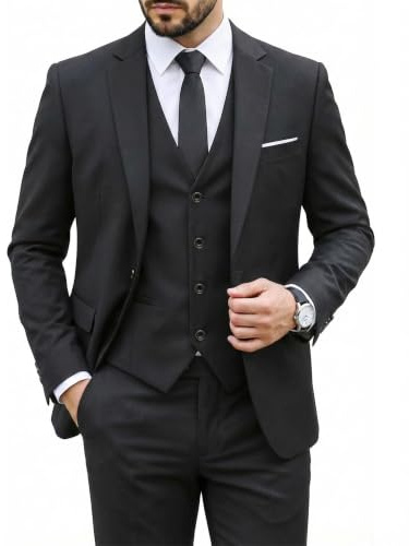 Hihawk Costume 3 pièces pour homme avec tissu extensible, coupe ajustée, ensemble blazer à un bouton, veste, gilet et pantalon avec cravate, noir, XX-Large