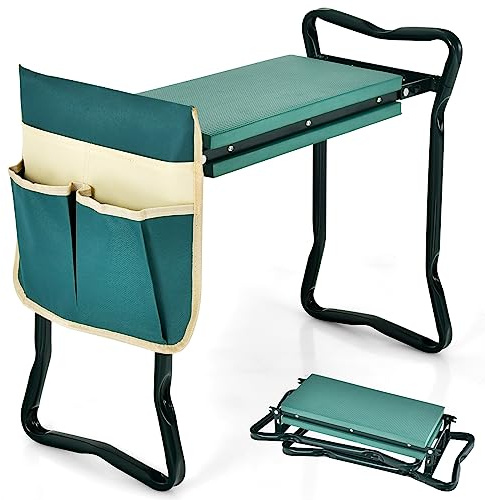 RELAX4LIFE Tabouret de Jardinage Pliable, Agenouilloir de Jardin avec Sacs à Outils, Coussinet Epais en Eve Charge 150kg, Banc de Jardinage Polyvalent, 58x27,5x49cm (Tabouret Plus+| 1 Sac, Vert)