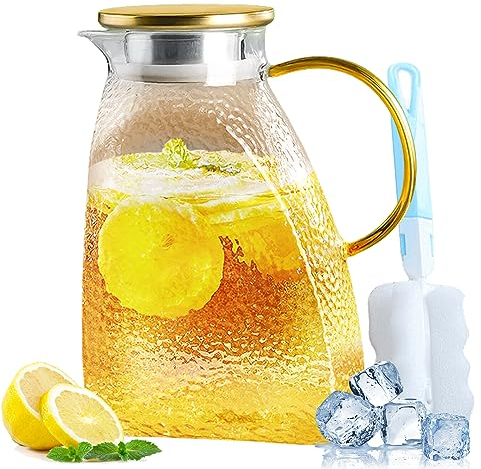 Carafe à Eau de 1,8 L en Verre avec Couvercle et Brosse - Pour Réfrigérateur, Thé Glacé et Boissons à Base de Jus