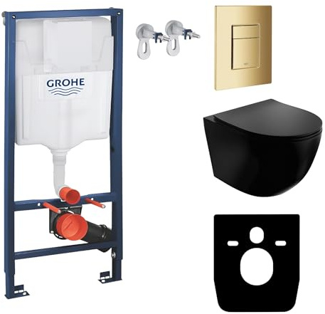 LAVITA | Élément Mural Solido + WC Suspendu Mural Sinto Noir Sans Bord + Abattant WC SoftClose | Bouton Doré | Kit Complet | Réservoir de Chasse Encastré