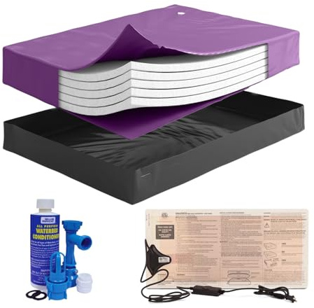 Blue Magic Queen Size 95% Waveless Hardside Waterbed Mattress Bundle with Five Wave Reducing Fiber Layers, 325W Heater, Liner, Fill/Drain Kit & Conditioner - Frame not Included