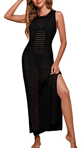 Dam strandklänning sexig ärmlös virkad klänning strand lång sommar semesterklänning virkning baddräkt cover up hollow Out strandklänning delad cover ups sidoslits strandsemester bikini badmode