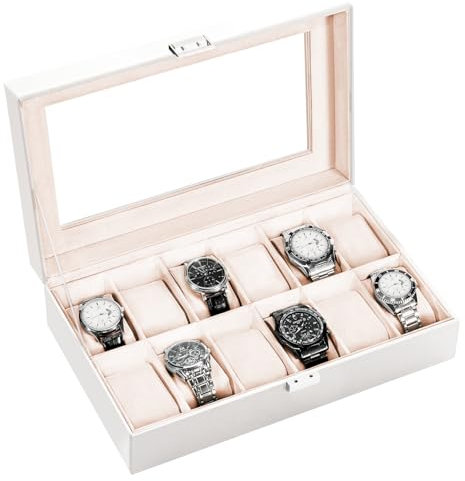 ProCase Watch Box for Women, 12 Slot Watch Display Case Women's Watch Box Organizer, PU Leather Watch Cases for Watch Storage, Valentines Gift Watch Holder Organizer with Glass Lid -12 Slot, White