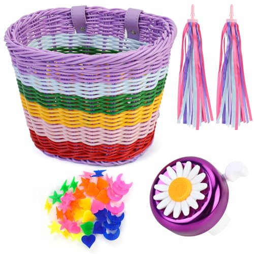 Set Cestino per Bici per Bambini, Campanello per Bicicletta per Bambini e Nastri, Accessori Decorativi per Bici da Equilibrio, Cestino per Bici, Perline per Raggi della Ruota per Ragazze (Multicolore)