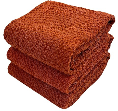 Maroon Rust Cinnamon Kitchen Hand Dish Towels: Oversized 28 x 18,100% Cotton Cloth Soft Cleaning Drying Absorbent Textured Design, Set of 3 Multipurpose for Everyday Use (Cinnamon Textured)