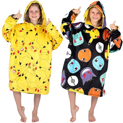 Pokémon - Couverture réversible à capuche surdimensionnée pour enfant - Super douce - Double face - Pikachu en polaire - Cadeau pour garçons - Taille unique - Noir/Jaune